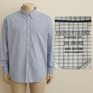 Faded Glory Men Button Down Shirt 2XL 100% Cotton Plaid Preppy Office‎ Vacation
